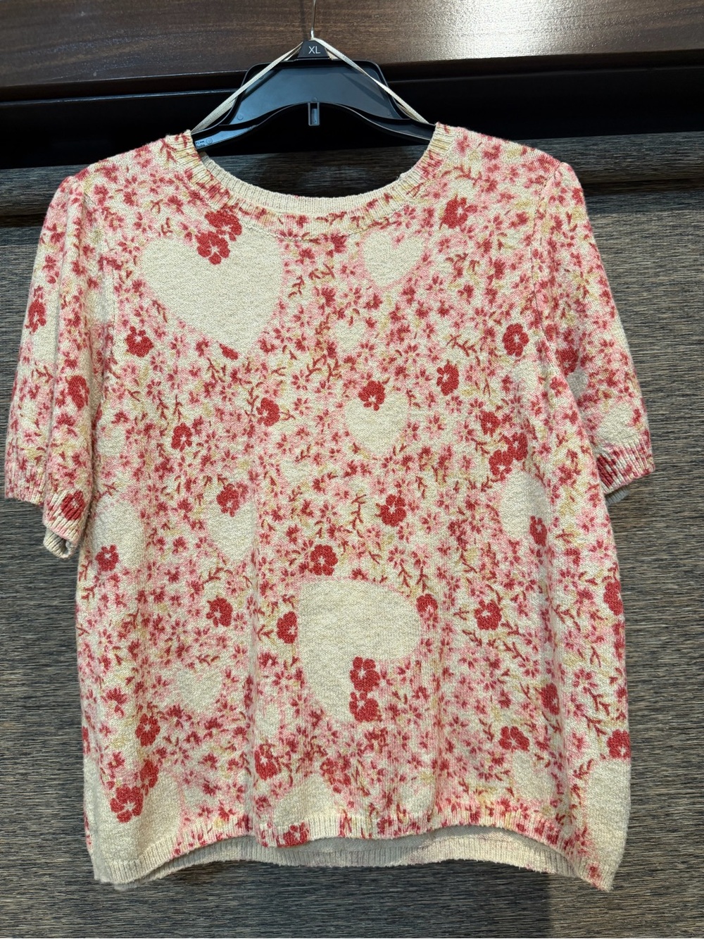 LC Lauren Conrad Cream Knit Short-Sleeve Top with Red Floral & Heart Pattern
